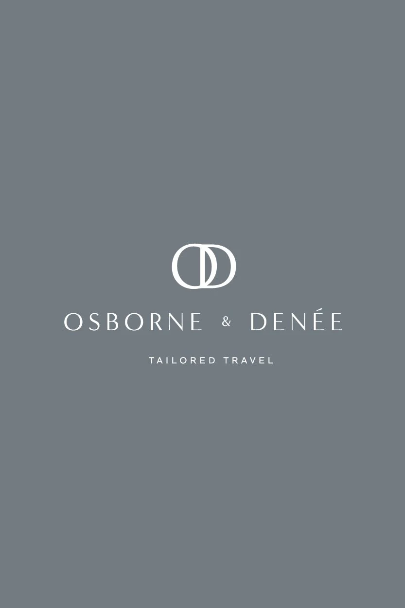 Brand identity designs for Osborne & Denée, including logo, monogram and colour palette for luxury travel branding.
