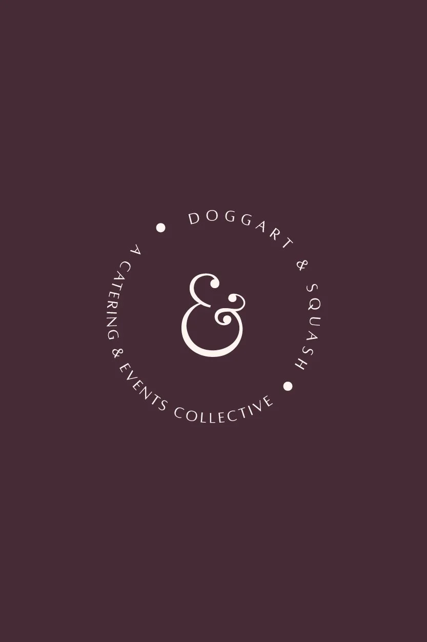 Brand identity designs for Doggart & Squash, showcasing logo, symbol, and branding in rich aubergine tones.