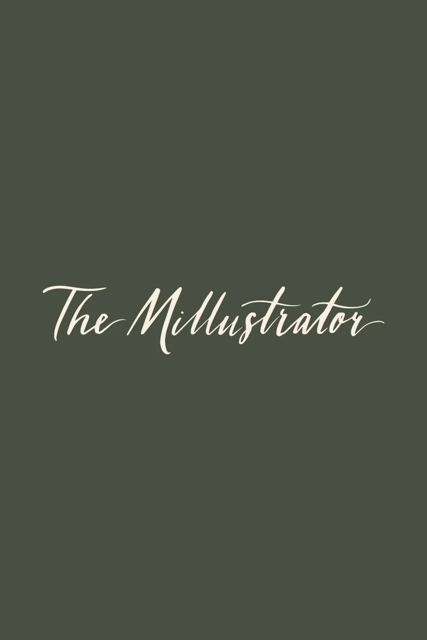 Brand identity designs for The Millustrator, encompassing logo, website mock-ups, and bespoke illustration-based branding.