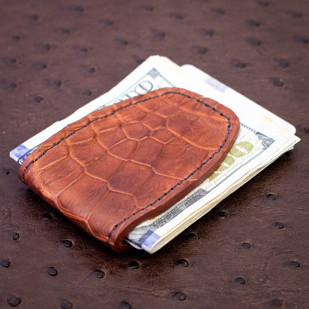 Slim Black Alligator Front Pocket Money Clip Card Holder Pouch