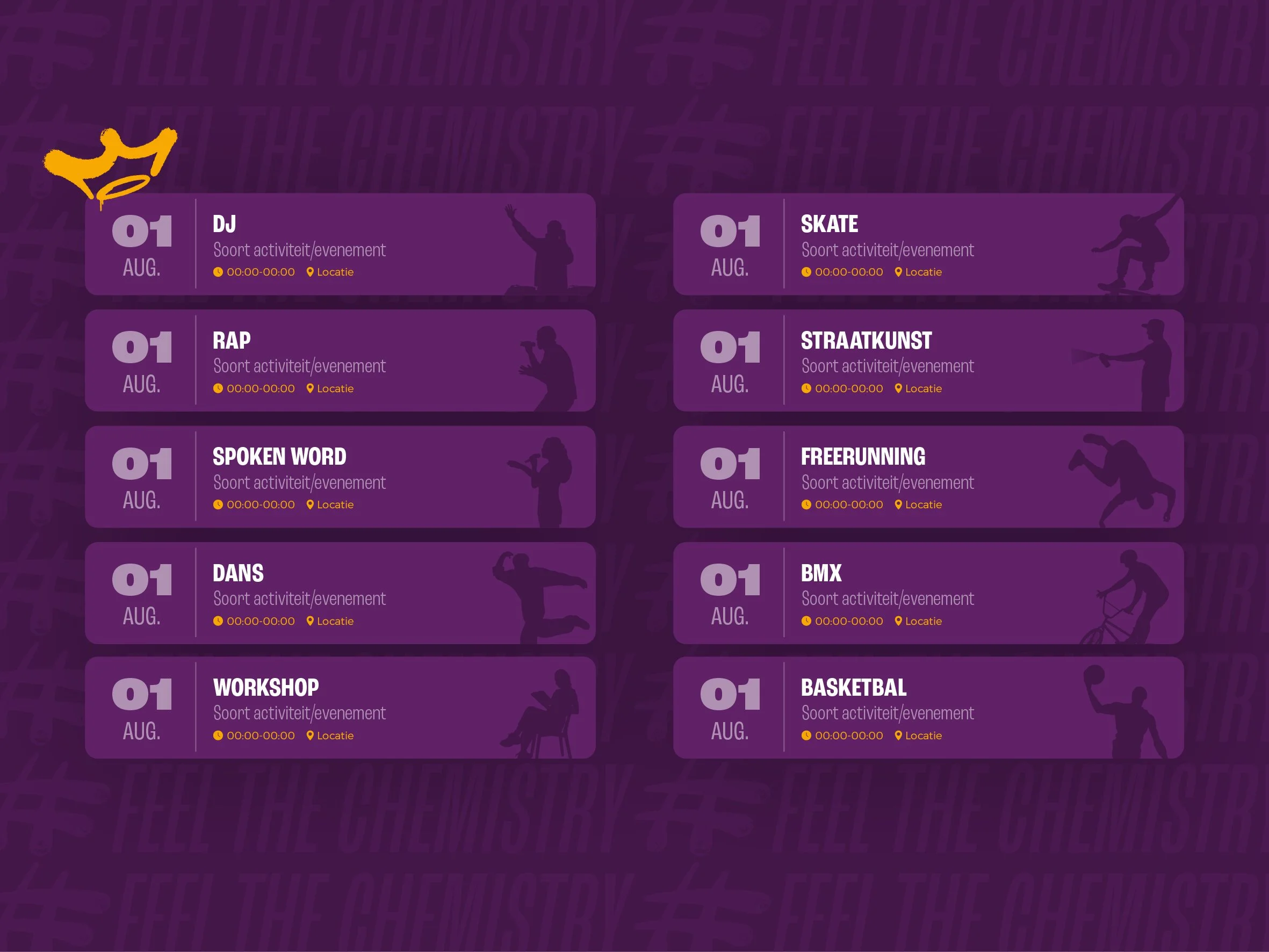 Een kleurrijk schema met een paar activiteiten en evenementen op 1 augustus, waaronder DJ, Rap, gesproken woord, dans, workshop, skateboarden, straatkunst, freerunning, BMX en basketbal. Elk item heeft een tijdlijn en locatie, afgebeeld met silhouetillustraties van mensen die de activiteiten uitvoeren.