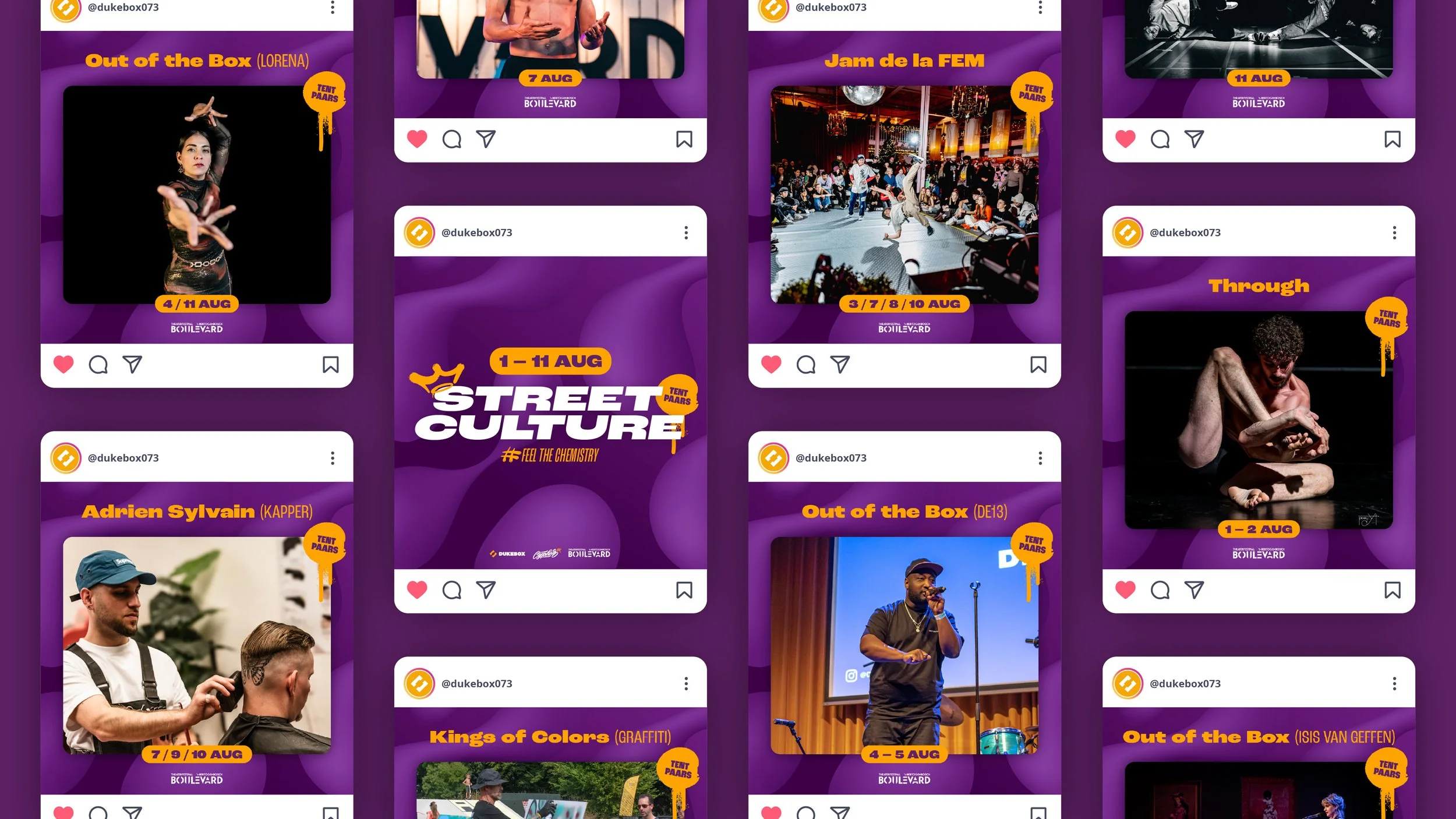 Instagram-post designs van verschillende culturele voorstellingen georganiseerd door DUKEBOX en Cypher HQ in Tent Paars tijden Theaterfestival Boulevard, met korte beschrijvingen zoals dansworkshops, rapoptredens, graffiti workshops en straatkunst.