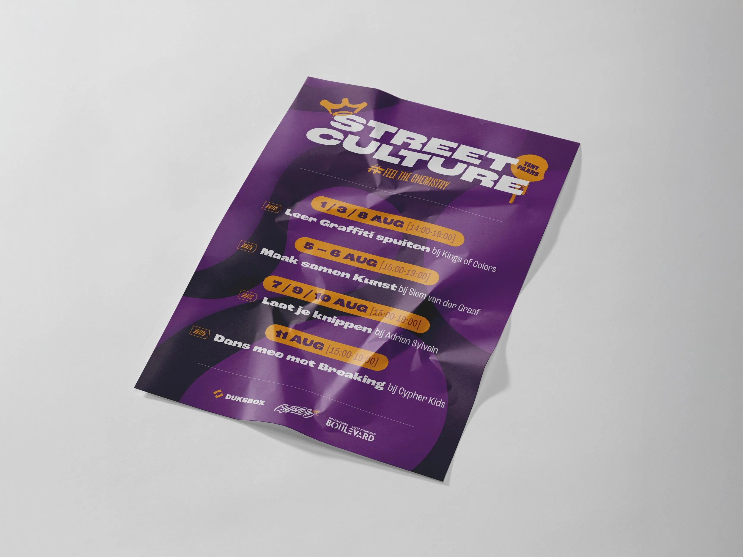 Poster voor Street Culture randprogrammering met data en tijden, inclusief graffiti spuiten, kunst maken, en breaking, voor Tent Paars tijdens Theaterfestival Boulevard.
