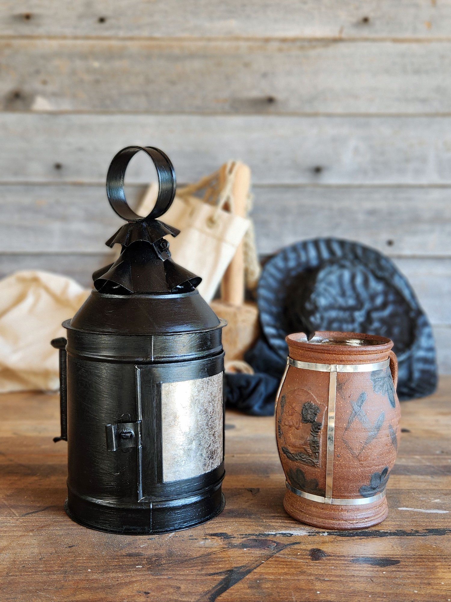 Plimoth handmade black tin candle lantern.