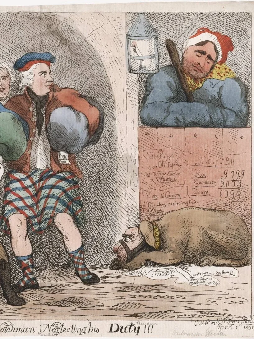 Detail, "John Bull watchman neglecting his duty!!!", John Cawse, printmaker, London 1800, Lewis Walpole Library, call # 800.01.01.03+.