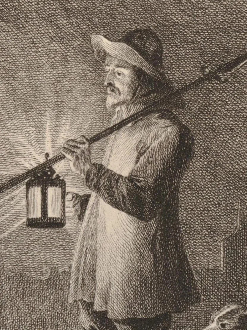 Detail, "The Watchman, night scene with a guard..." after David Teniers the Younger, 1720-25, England. British Museum collections, #1874.0808.1927.