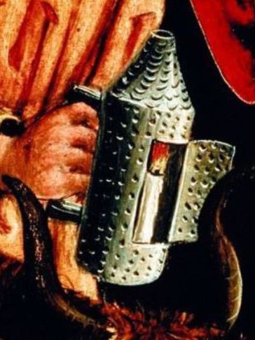 A round medieval punched tin lantern with squared off handle and scalloped top cone. The door is open.