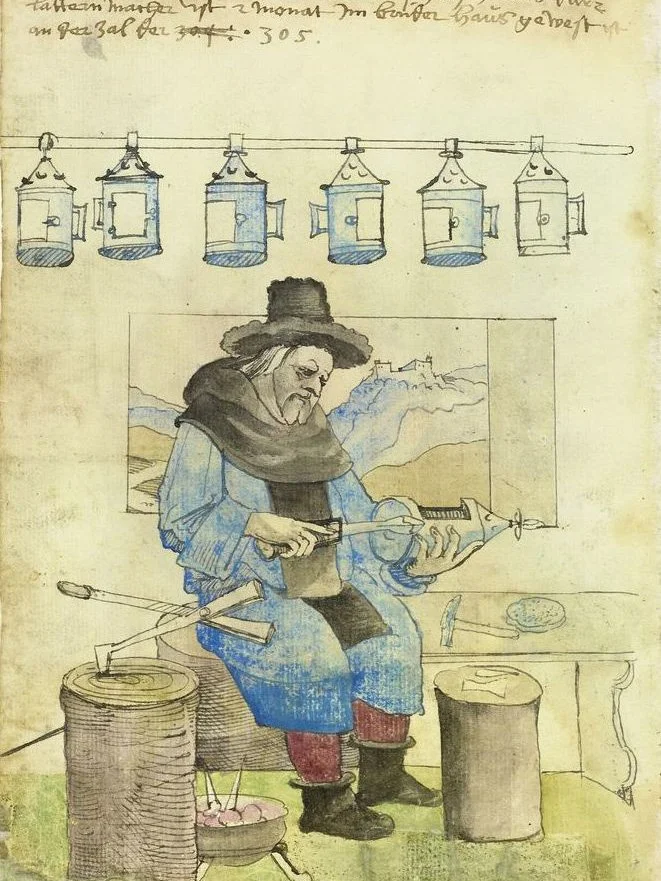 An early 16th century lantern maker soldering the bottom on a tin lantern.