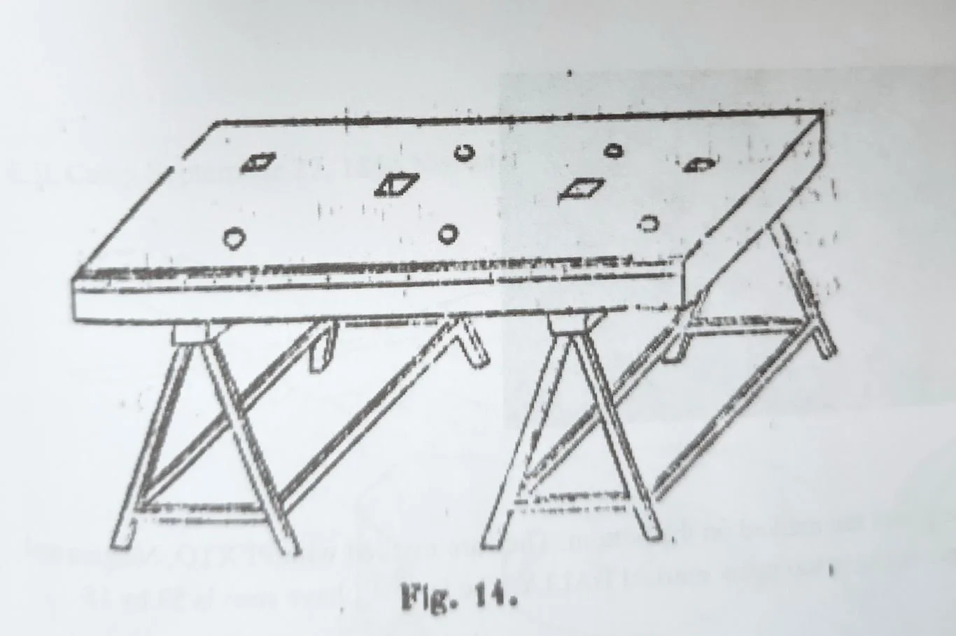 19th century drawing of a wooden stake holding bench on sawhorses.