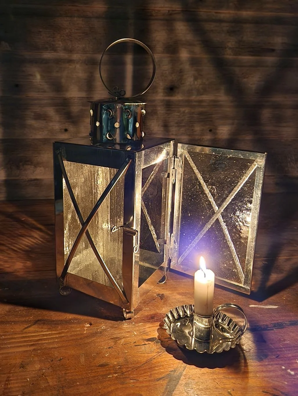 Handmade square tin candle lantern with crossed glass guards and removable candle cup,