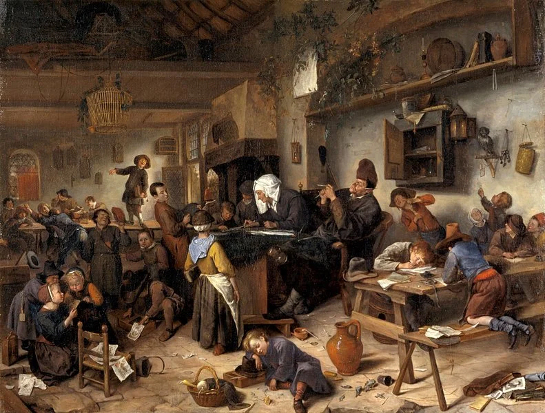 A 1619 oil painting showing a large room full of children being unruly in a school room.