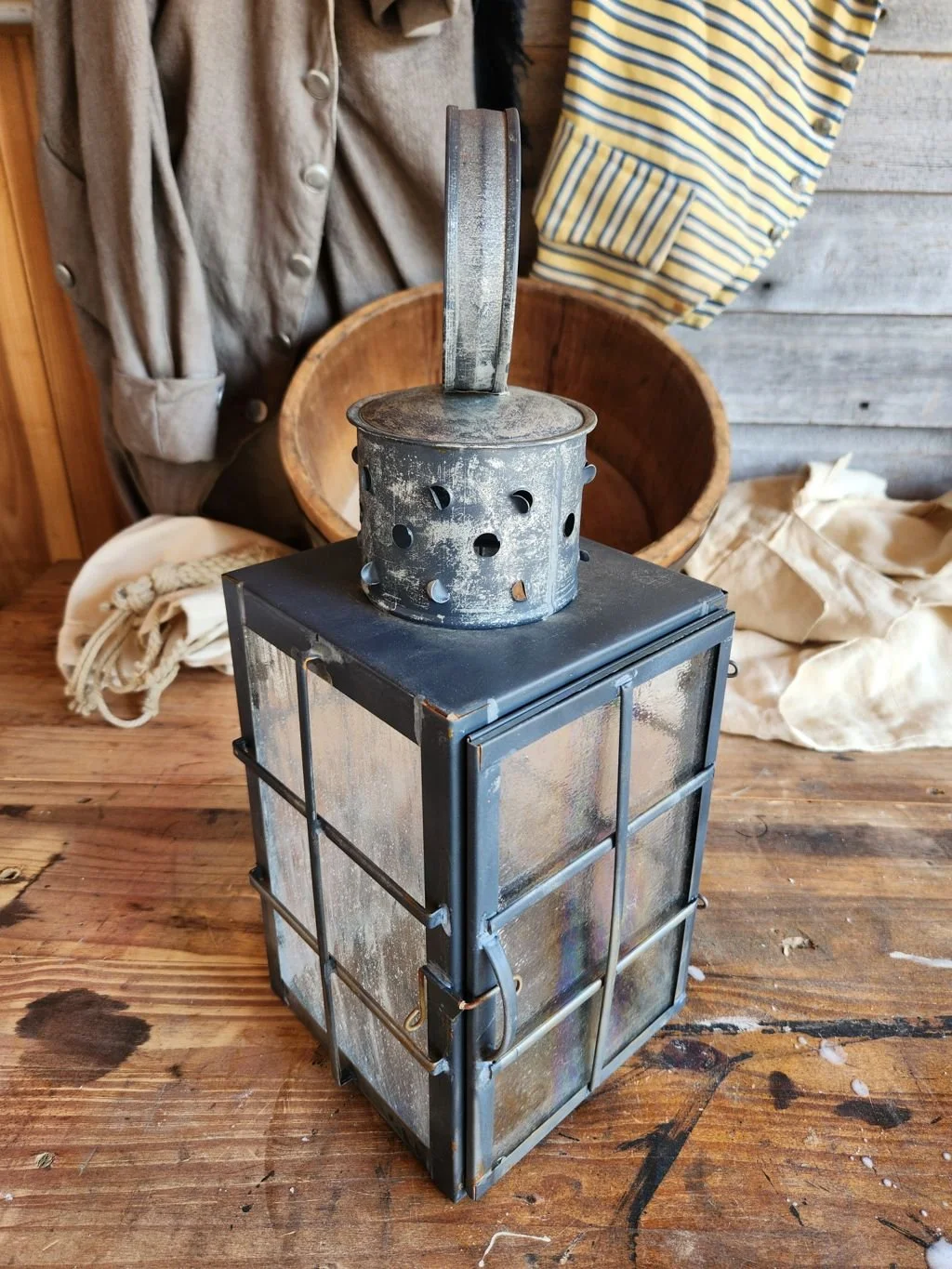 Antiqued square ship lantern with wavy glass