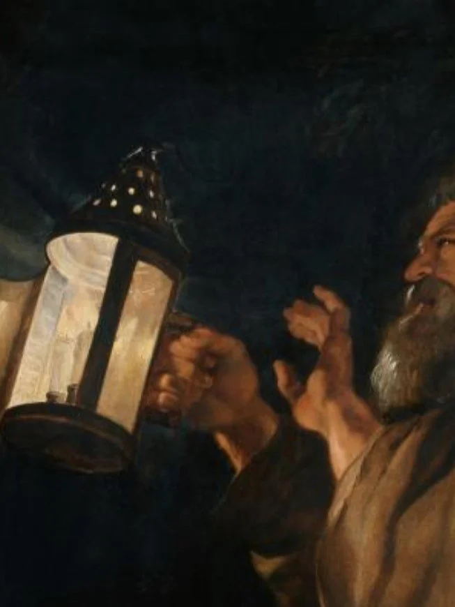 Detail from a Ruben's painting showing a round tin lantern with horn panes and the door open.