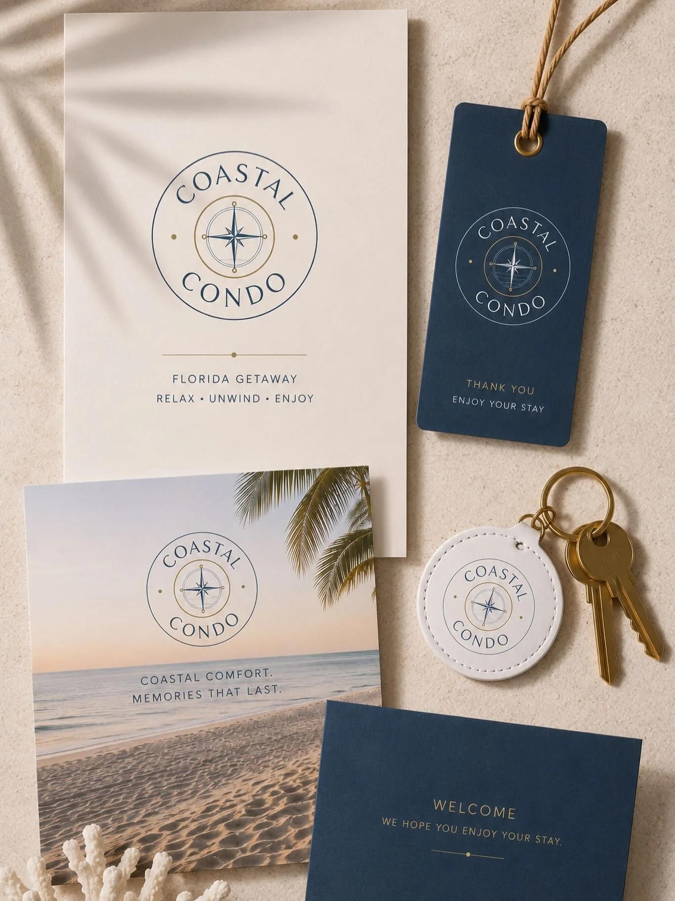 For this Coastal Condo, I created a brand identity inspired by coastal navigation, relaxed luxury, and the feeling of escaping to the Florida coast. From the logo and visual identity to guest-facing materials and branded touchpoints, every detail was