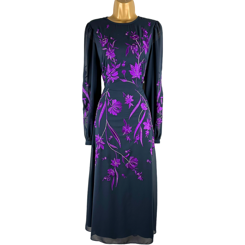 COAST black fit and flare cocktail dress with magenta embroidered flowers  and beading  Jet Set Dresses