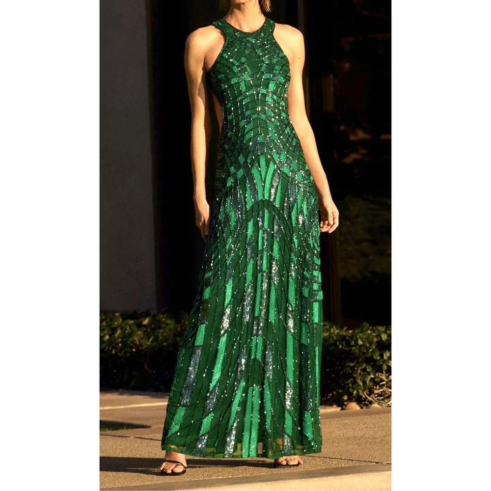 KAREN MILLEN emerald green sequin full length dress  Jet Set Dresses