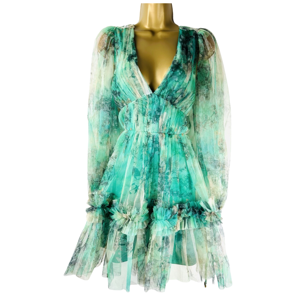 KAREN MILLEN green floral tulle mini dress  Jet Set Dresses