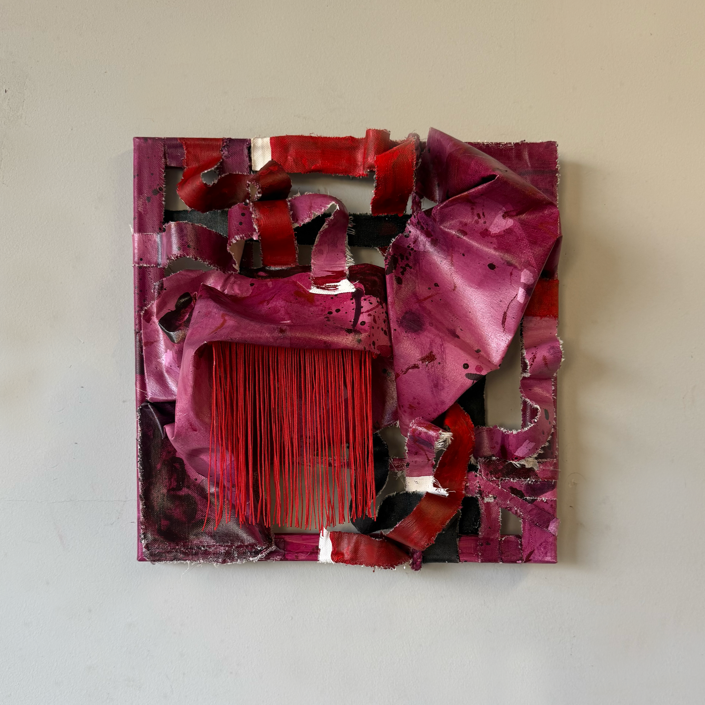 Always Peak Behind the Curtain, 2025 // Acrylic on sculpted canvas with fringe // 14x14x6 in // 35.5x35.5x15 cm