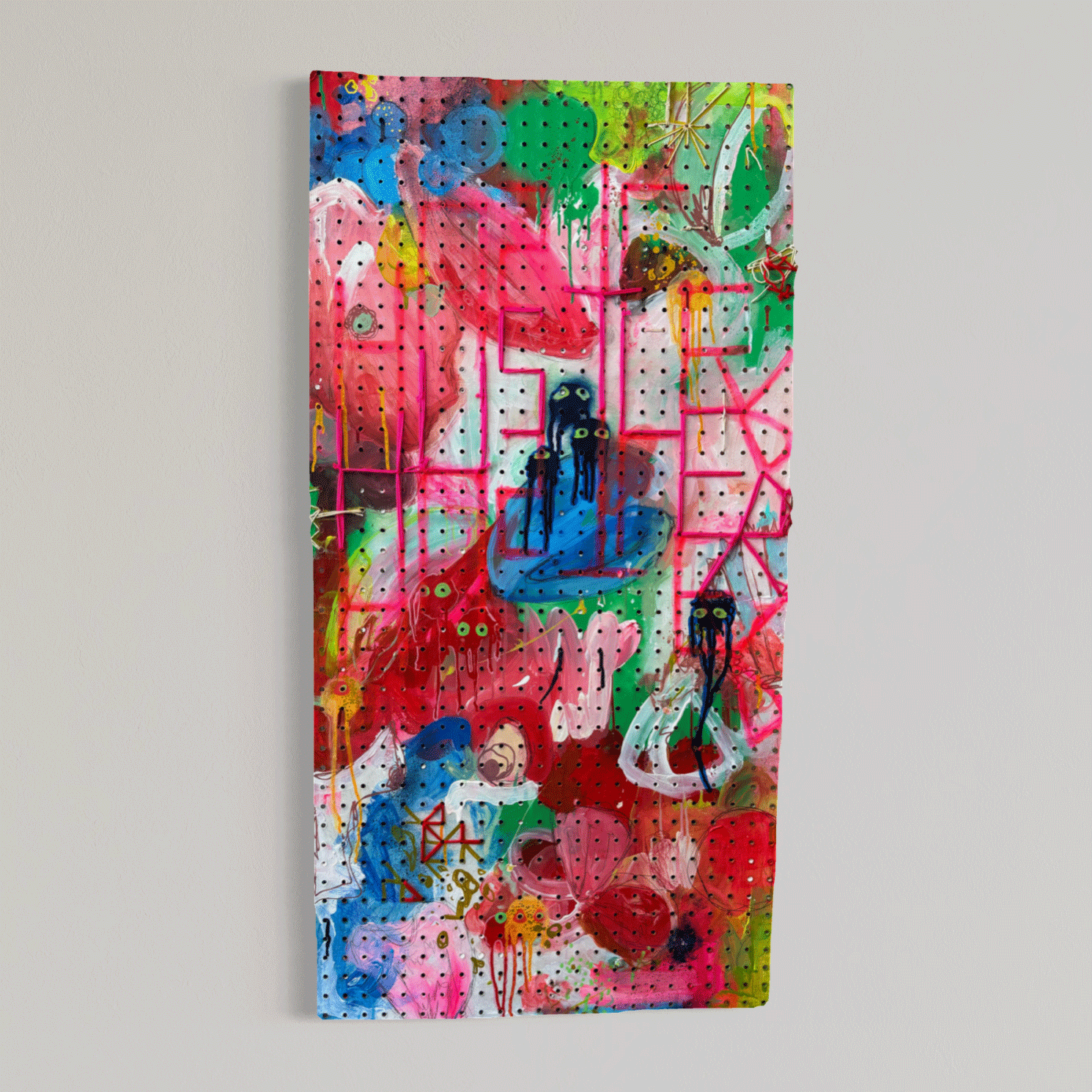 Hustler (back), 2026 // Acrylic on warped peg board // 24x60 in