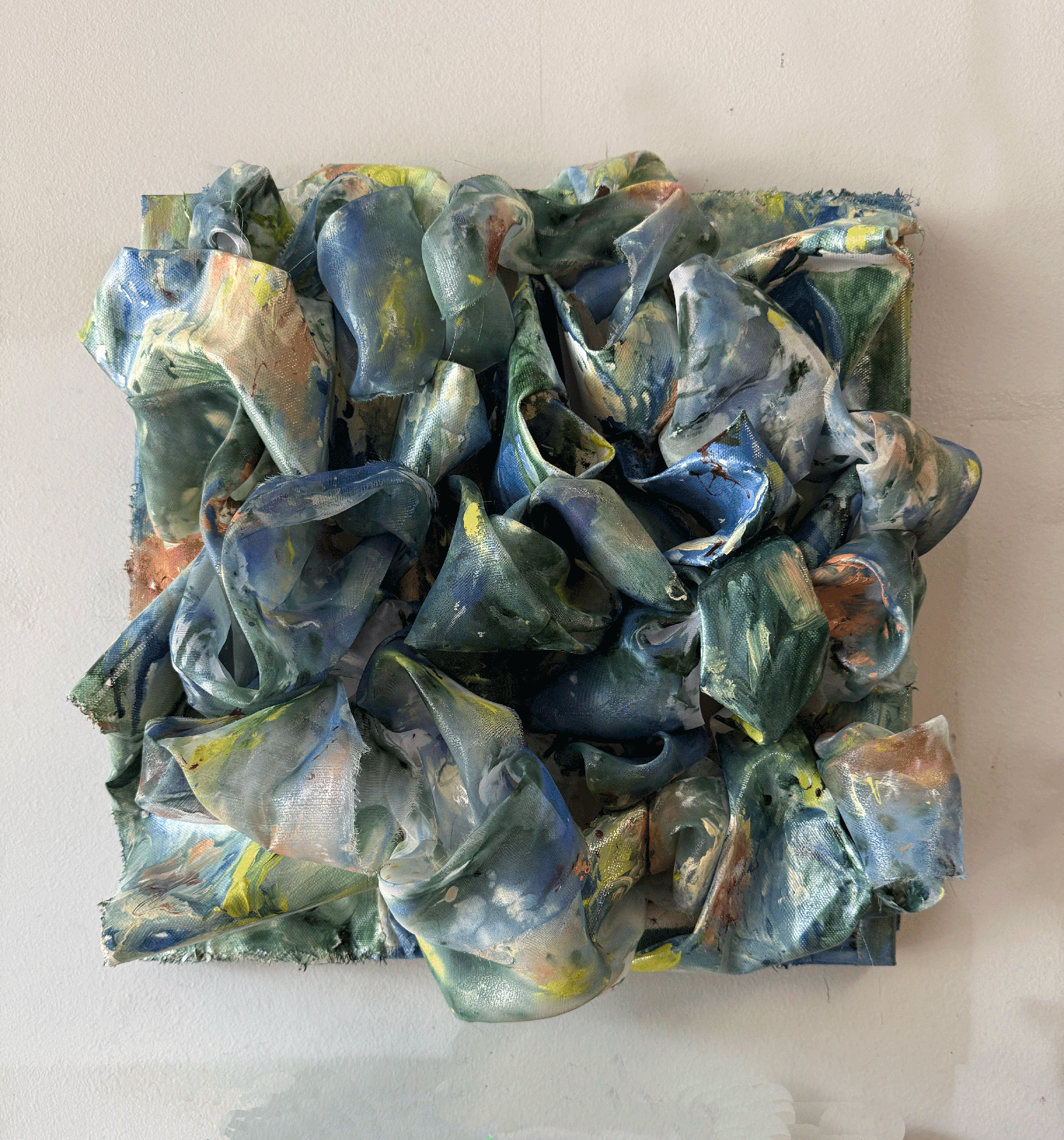 When My Eyes Are Closed, 2026 // Acrylic on canvas and organza // 14x14x6 in // 35.5x35.5x15 cm
 