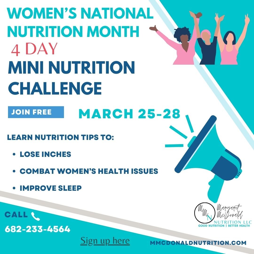 Join my free 4 day nutrition challenge. Learn tips to improve your health. Sign up today for next week's challenge. Call,  email margaret@mmcdonaldnutrition,com, or click link in comments.
#womenshealth #eathealthy #losebellyfat