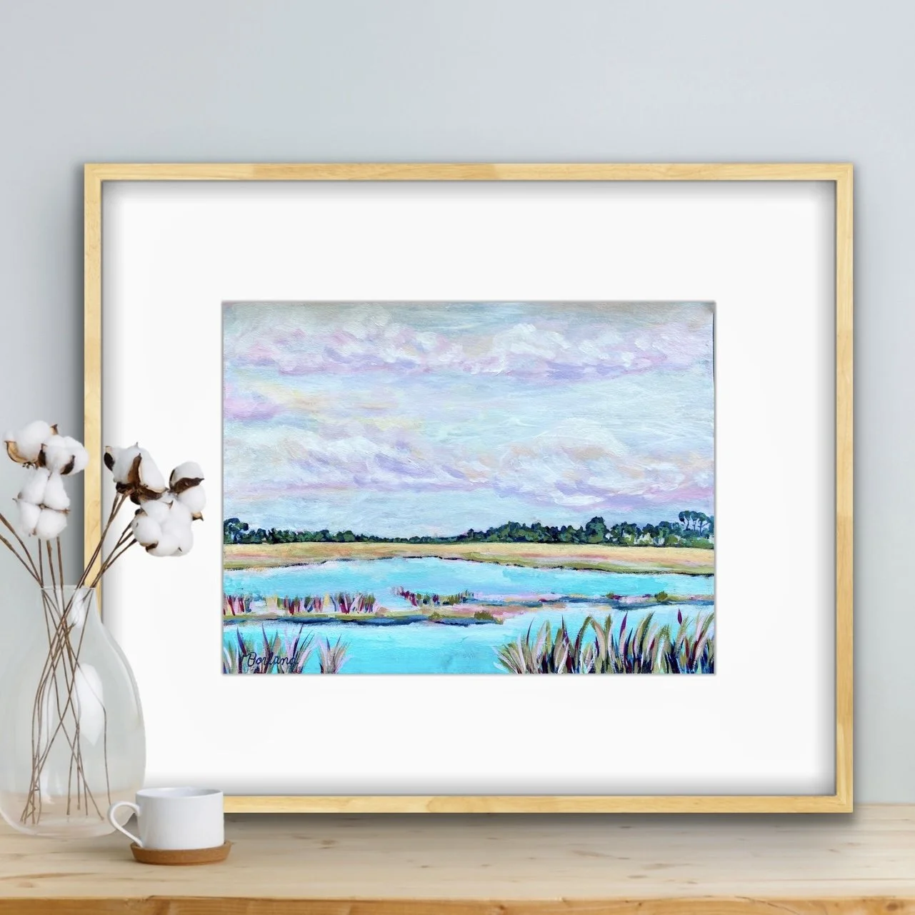 Painting of a marshland with water and tall grass, clouds in the sky, and distant trees, signed 'Bayland' in the lower left corner.