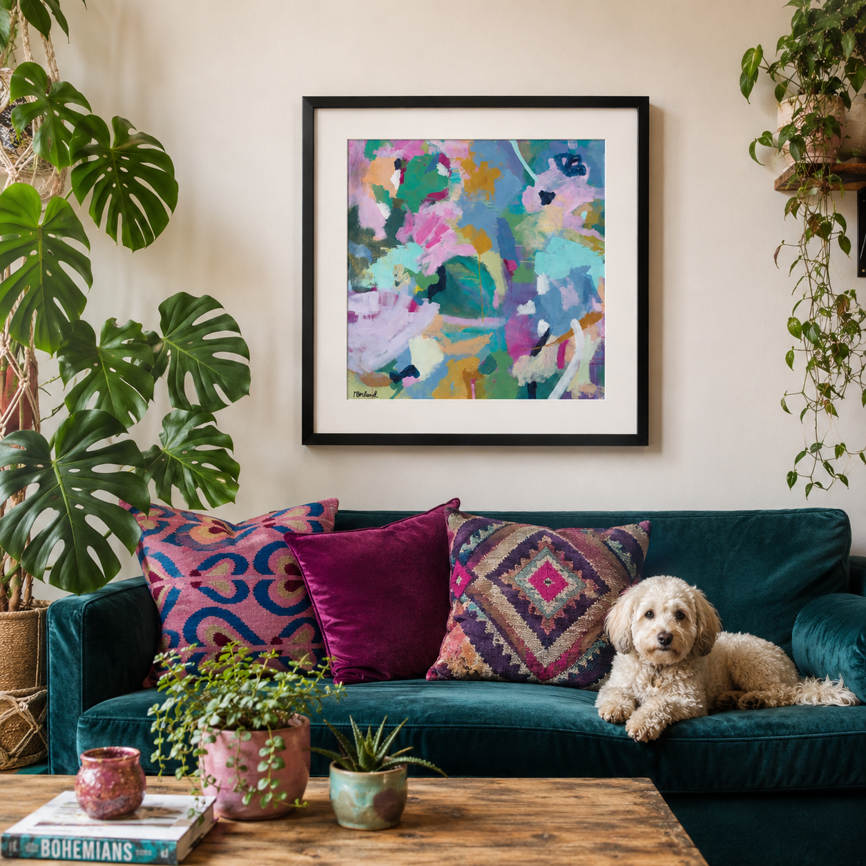 An abstract floral painting with pink, blue, yellow, and green colors hangs above a modern white desk, decorated with vases and a plant, in a contemporary room.
