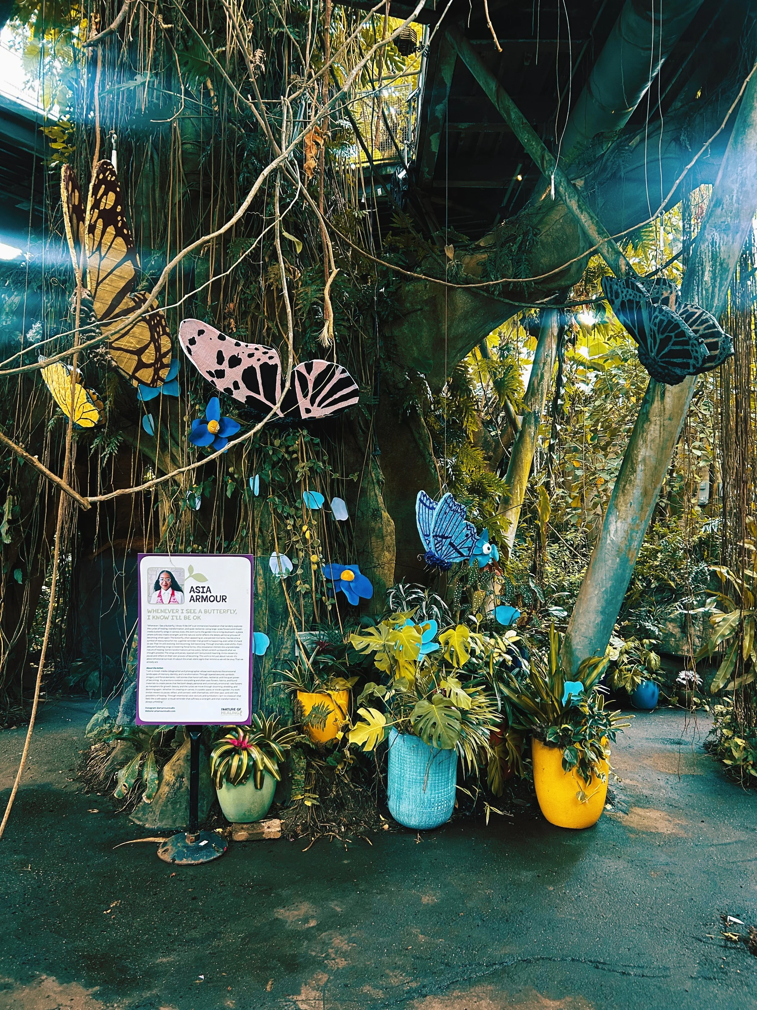 Immersive installation by Asia Armour at the Cleveland Botanical Garden exploring healing, memory, transformation, and the symbolism of butterflies and flowers.
