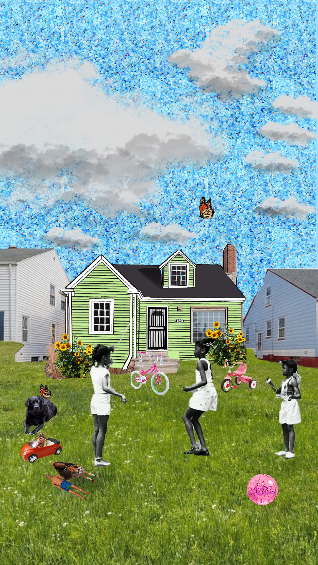 Digital collage by Asia Armour featuring children playing outside a green house, sunflowers, and a sky filled with blue flowers.