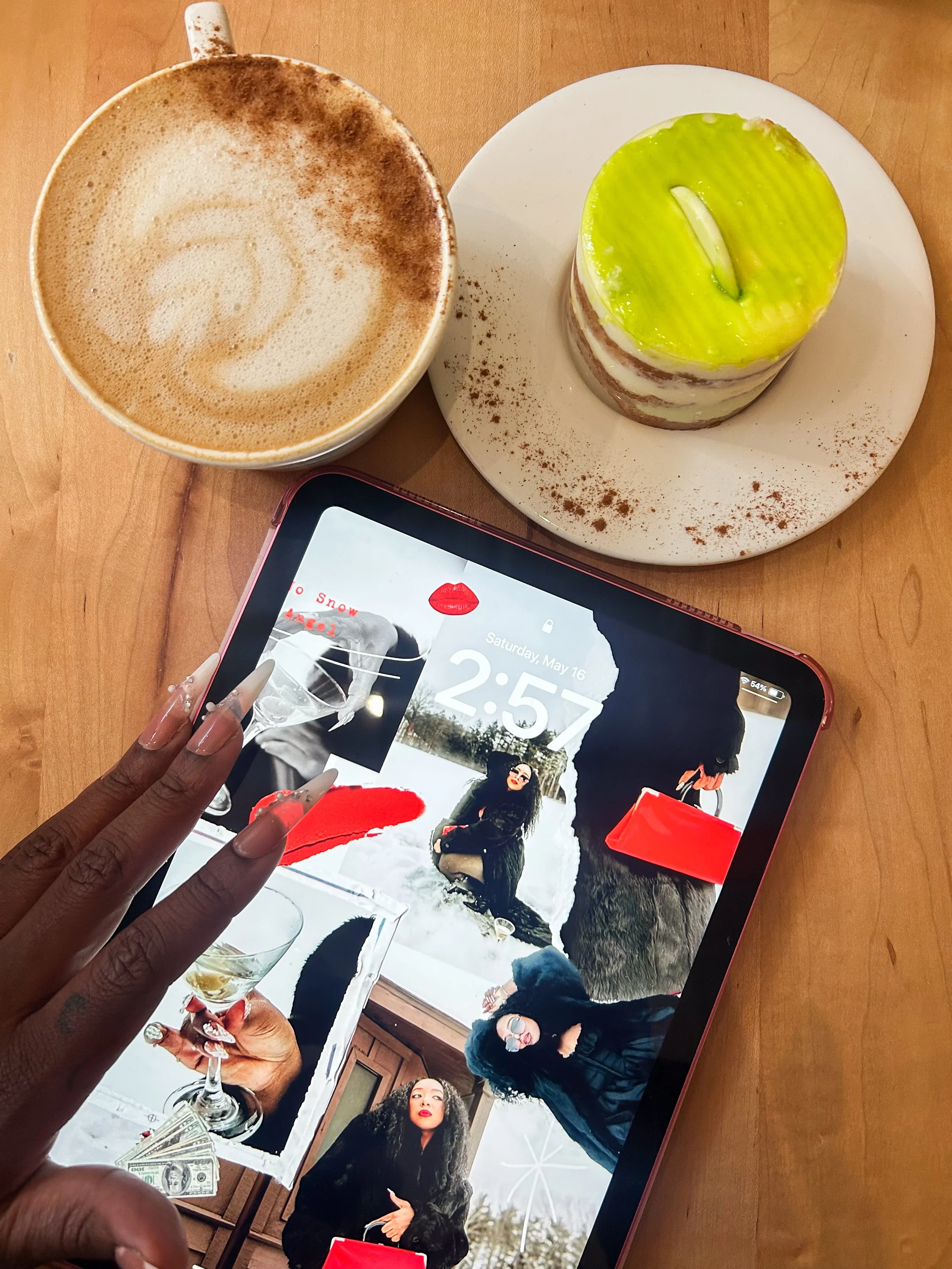 Lifestyle brand photography featuring a tablet, coffee and dessert styled by artist and content creator Asia Armour.