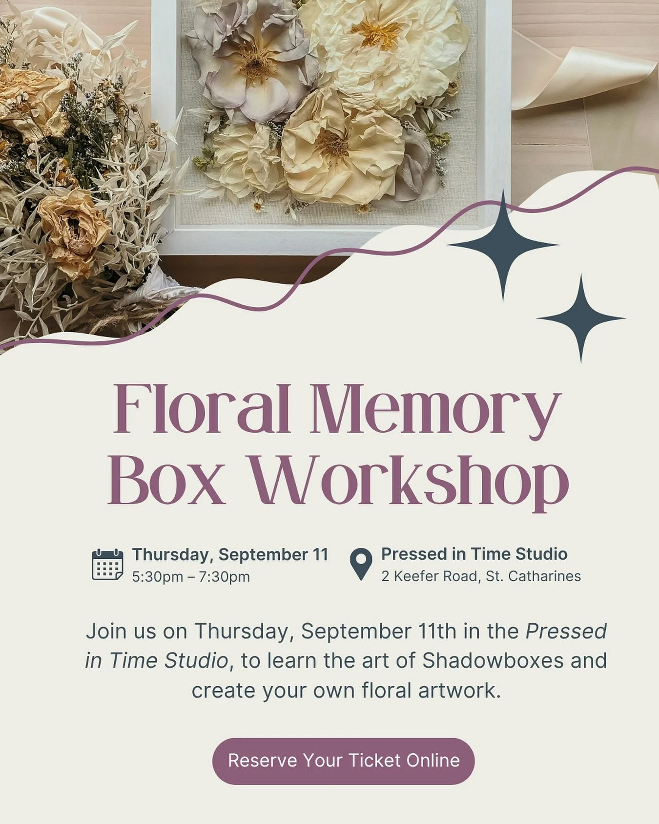 🌸 Come make a shadowbox with us! 🌸

We&rsquo;ve been asked for years if we&rsquo;d ever offer a workshop on creating floral shadowboxes, and the time has finally come. On Thursday, September 11, join us at the Pressed in Time Studio for an evening 