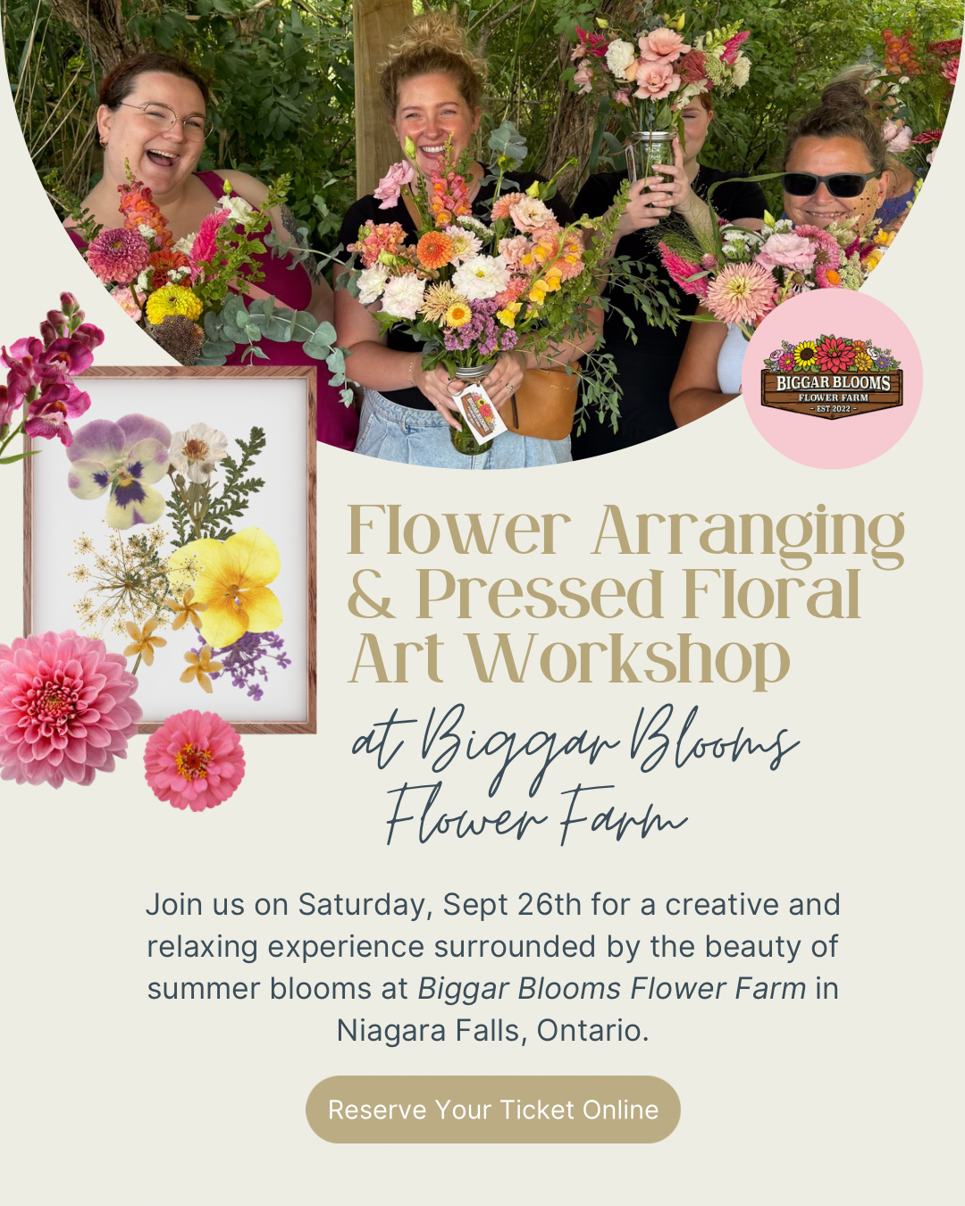 Happy women holding bouquets and flower frames