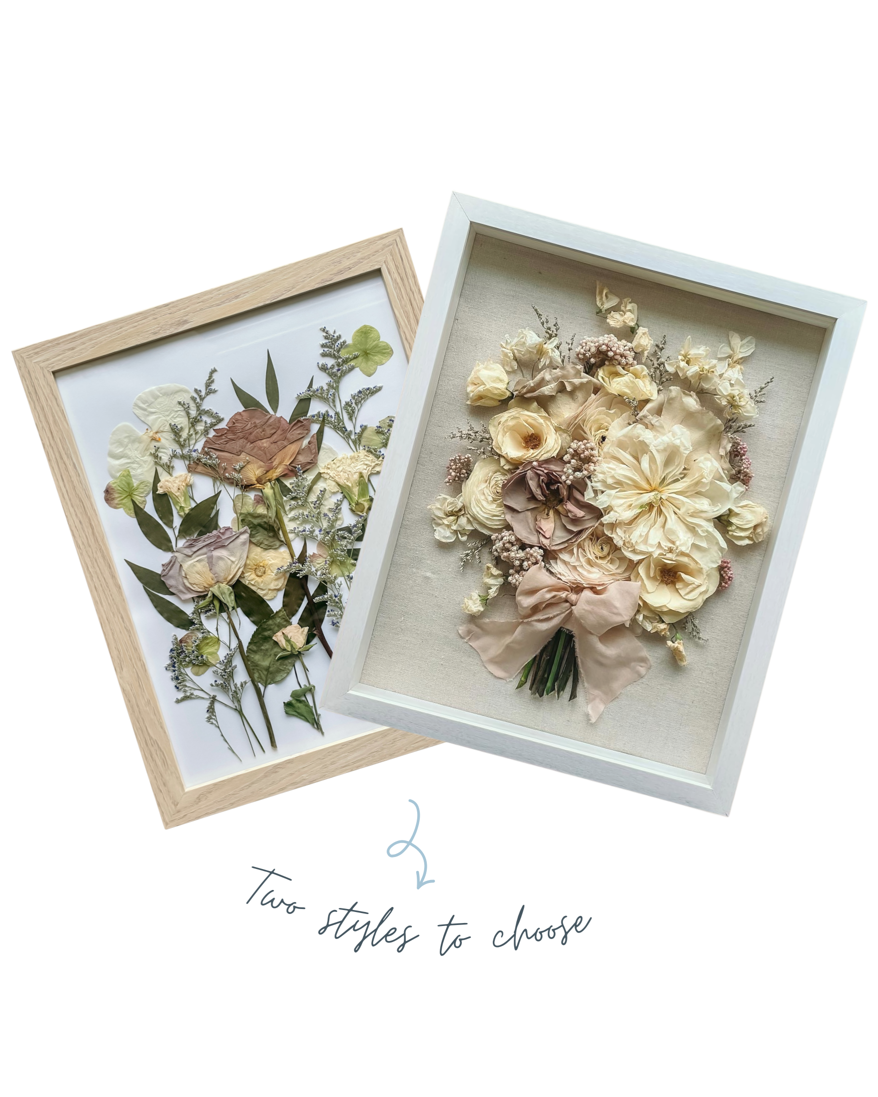 Two shadow box frames with dried flowers displayed inside. The frame on the left has various pressed flowers and leaves arranged on white background. The frame on the right contains a bouquet of dried pale-colored flowers on a light fabric background.