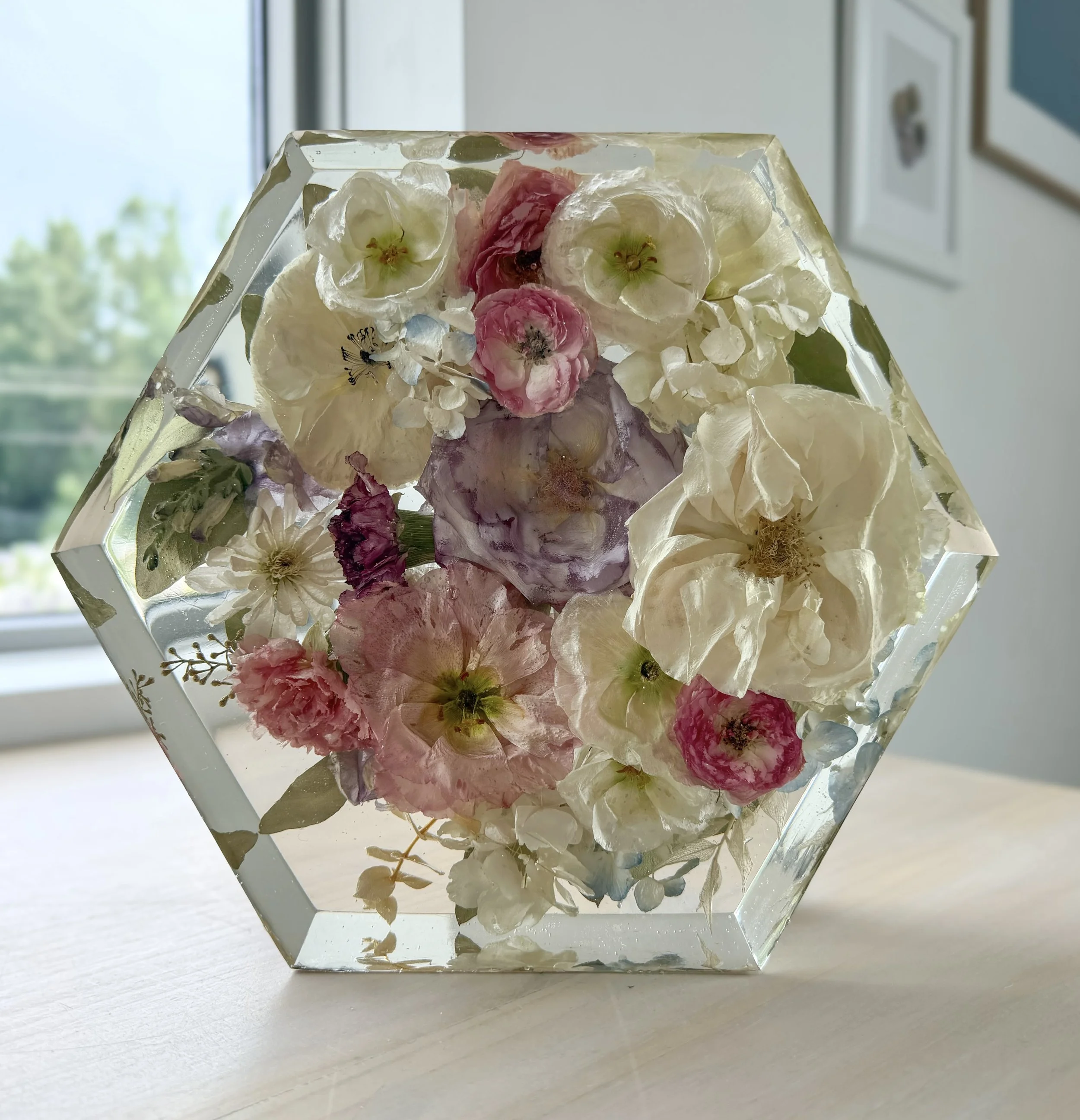 9” Resin Hexagon with white and pink dried flowers from a wedding bouquet