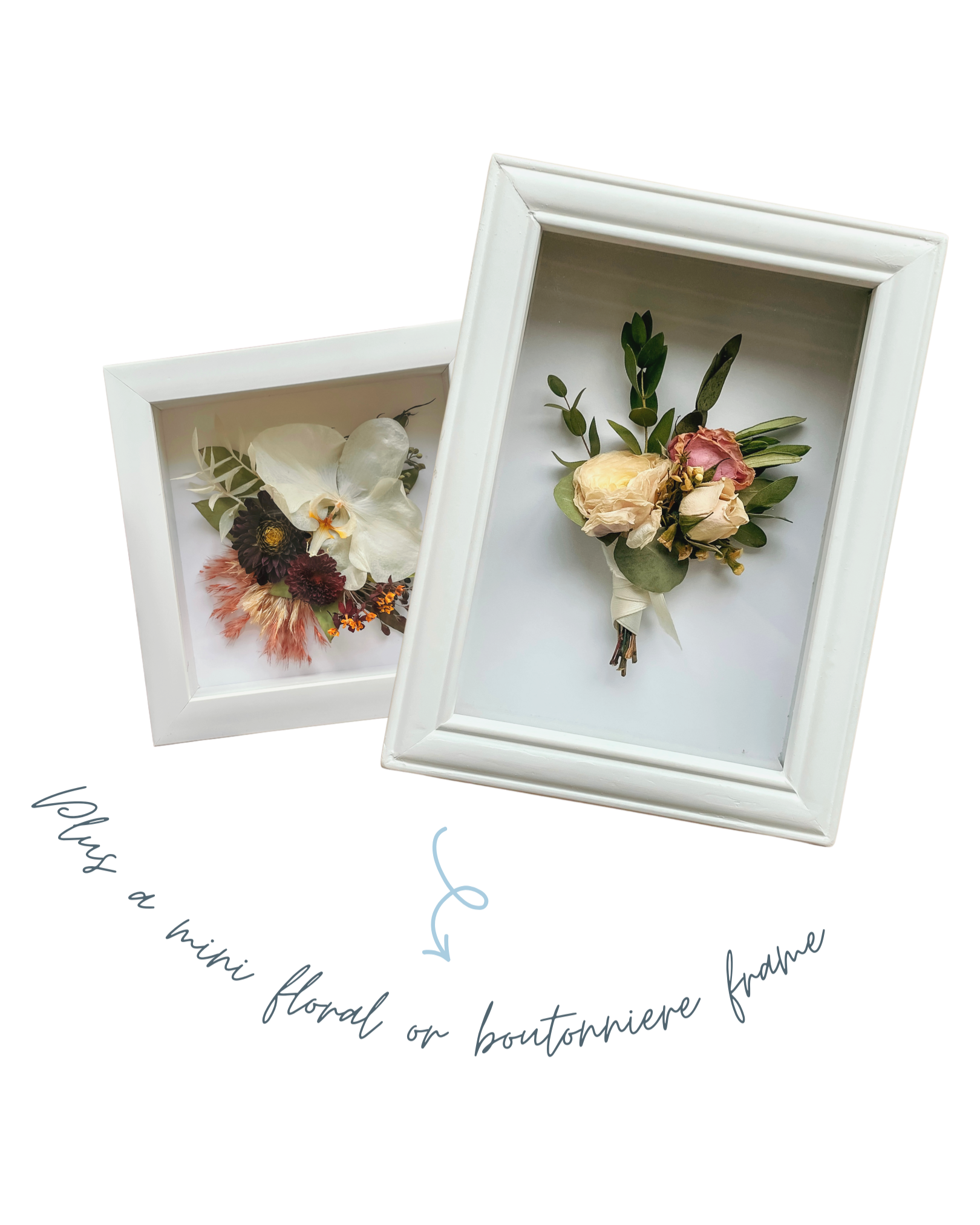 Two white picture frames with dried flower arrangements inside, set against a black background.