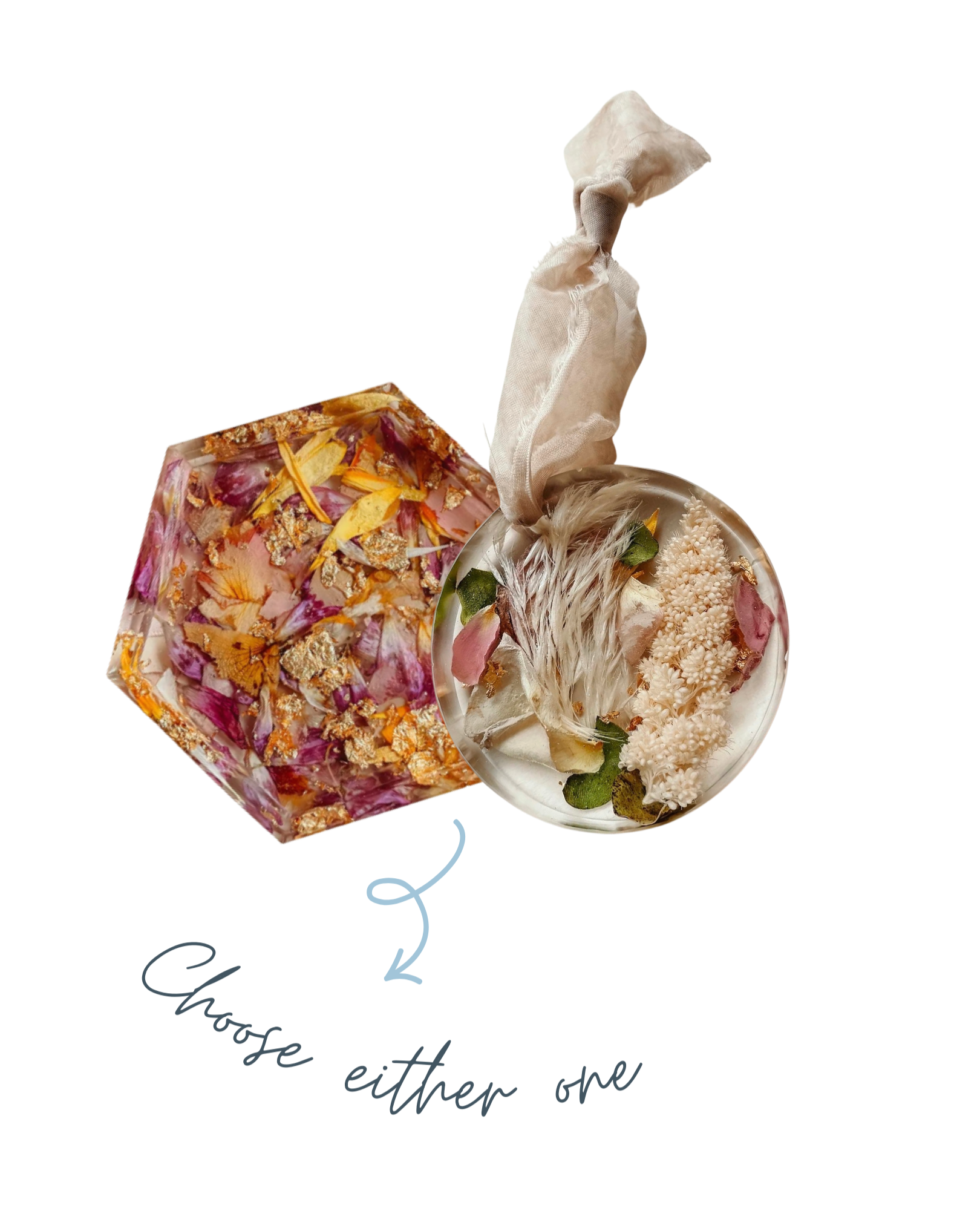 A bowl of potpourri with dried flowers, feathers, and leaves next to a decorative soap with embedded dried flowers.