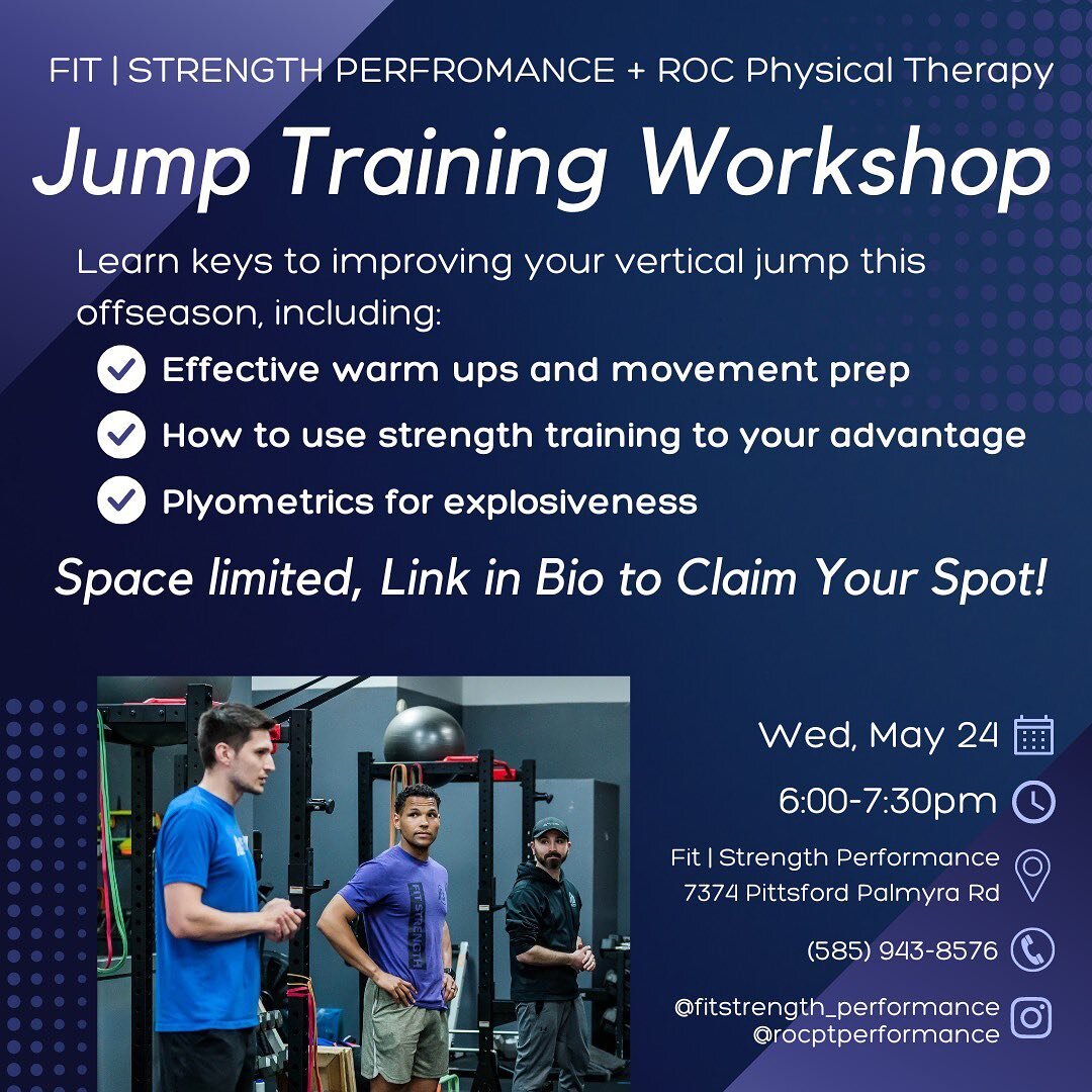 🚨First workshop of the spring/summer!🚨

Join us Wednesday May 24 6-7:30pm at @fitstrength_performance to learn how to use strength training and plyometrics to improve your vertical 🐇 

📱 DM us for more details, or visit the Link in Bio to registe