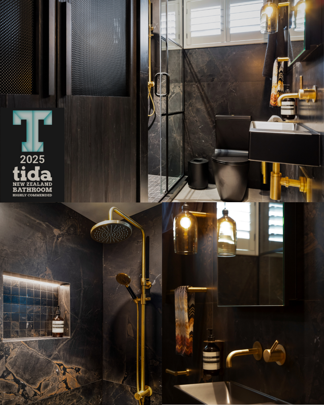 Contemporay hotel-like bathroom with chocolate tones marble tiled walls, aged brass fixtures, a walk-in shower with a glass door, black toilet, small sink with aged brass fixtures, vanity mirror, and Monmouth pendant lighting.
