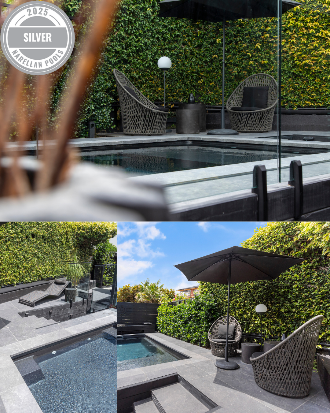 Outdoor patio with multiple hot tubs or pools, black wicker chairs with cushions, a large black umbrella, modern outdoor lighting, and green hedges on the perimeter.