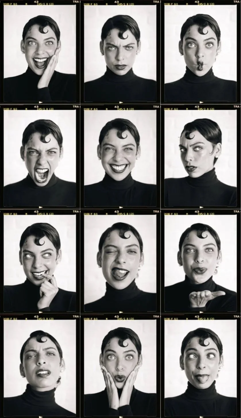 creative project. Film camera aesthetic of emotive. headshots of a beautiful, youthful and classy woman. Showing different facial expressions, serious, angry, flirty, happy, silly. shocked, funny. 