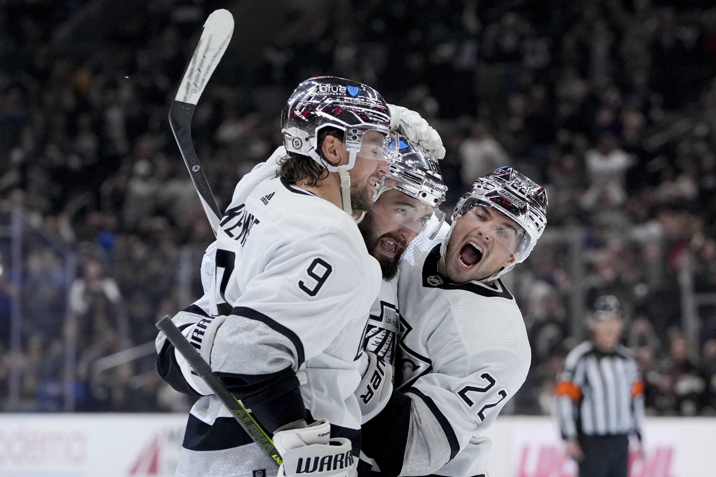  Los Angeles Kings defenseman Drew Doughty, center, celebrates his goal against the Anaheim Ducks with right wing Adrian Kempe, left, and left wing Kevin Fiala during the second period of an NHL hockey game Saturday, Feb. 24, 2024, in Los Angeles. 
