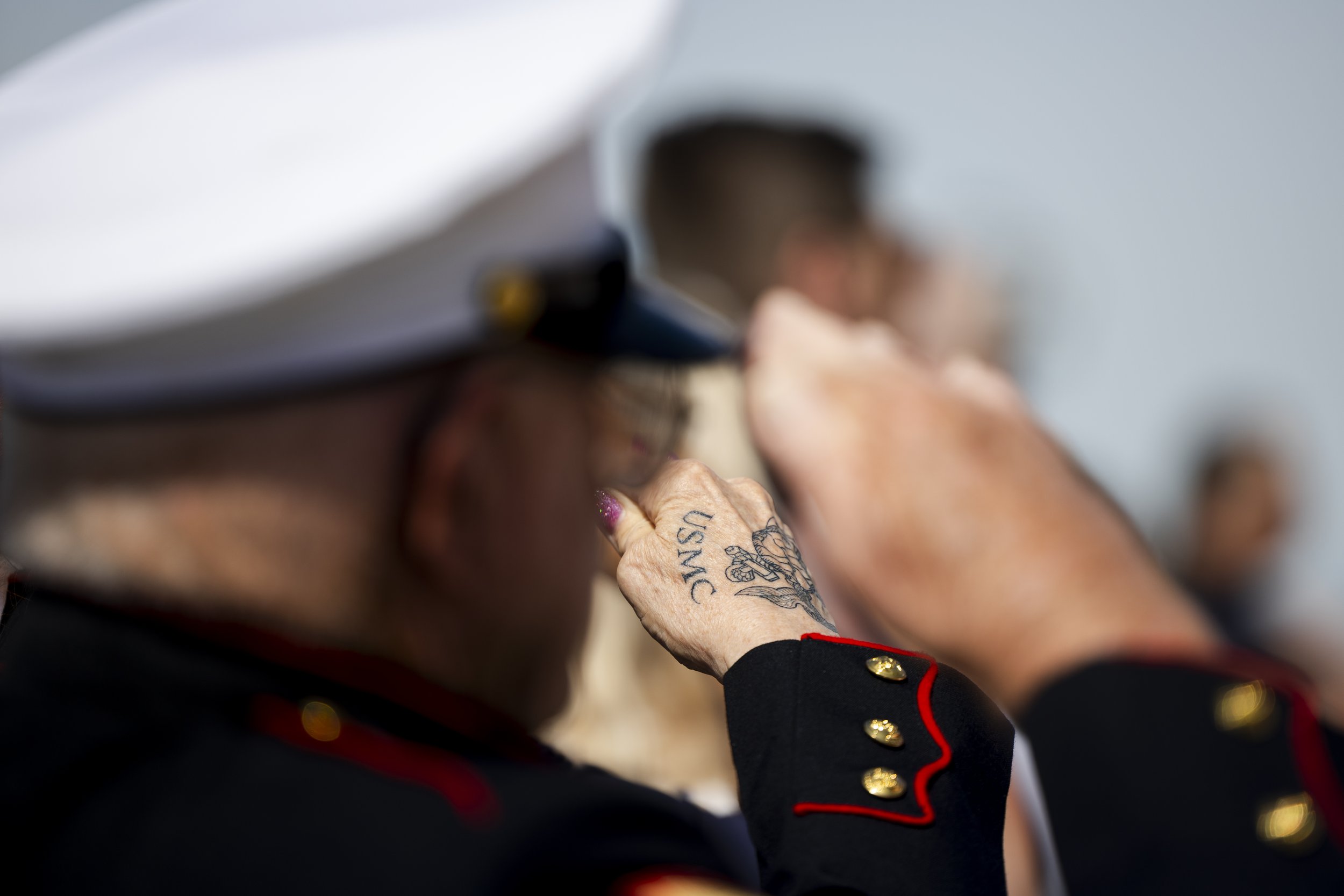  A tattoo of retired U.S. Marine Corps Cpl. Joann Haines is seen during a Memorial Day commemoration event at the Capitol in Salt Lake City on Monday, May 29, 2023. 