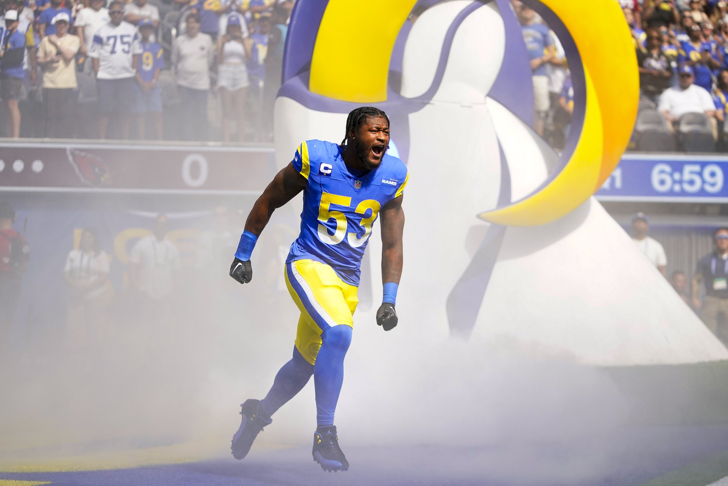  Los Angeles Rams linebacker Ernest Jones takes the field during an NFL football game against the Arizona Cardinals Sunday, Oct. 15, 2023, in Inglewood, Calif. 
