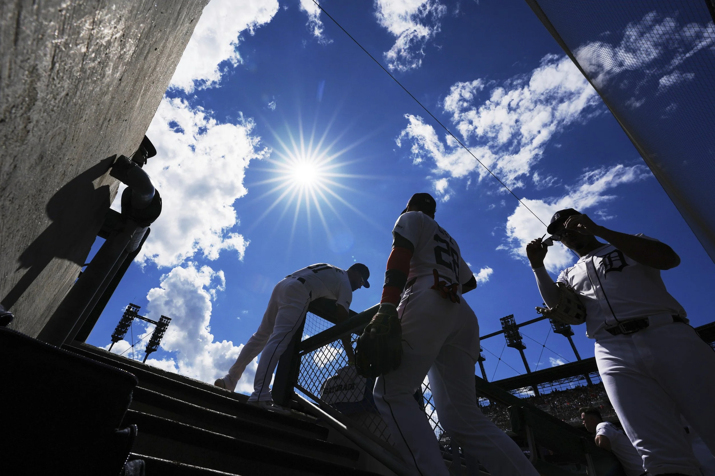  From left, Detroit Tigers left fielder Riley Greene, center fielder Javier Baez, and right fielder Jahmai Jones walk onto the field during the sixth inning of a baseball game against the Kansas City Royals, Sunday, Aug. 24, 2025, in Detroit. (AP Pho