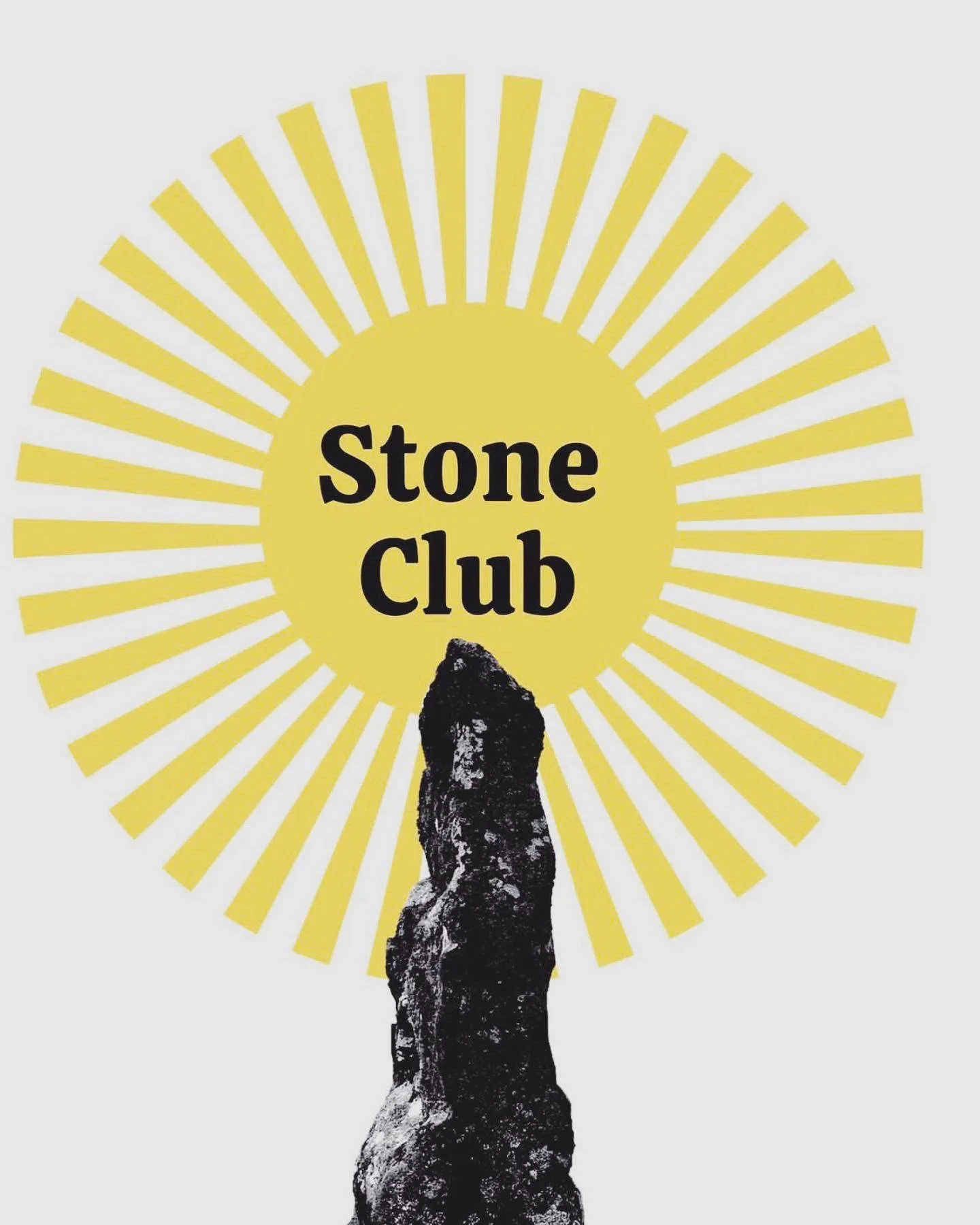 A yellow sunburst graphic with the words 'Stone Club' written in black in the center, above a black silhouette of a hand pointing upward.