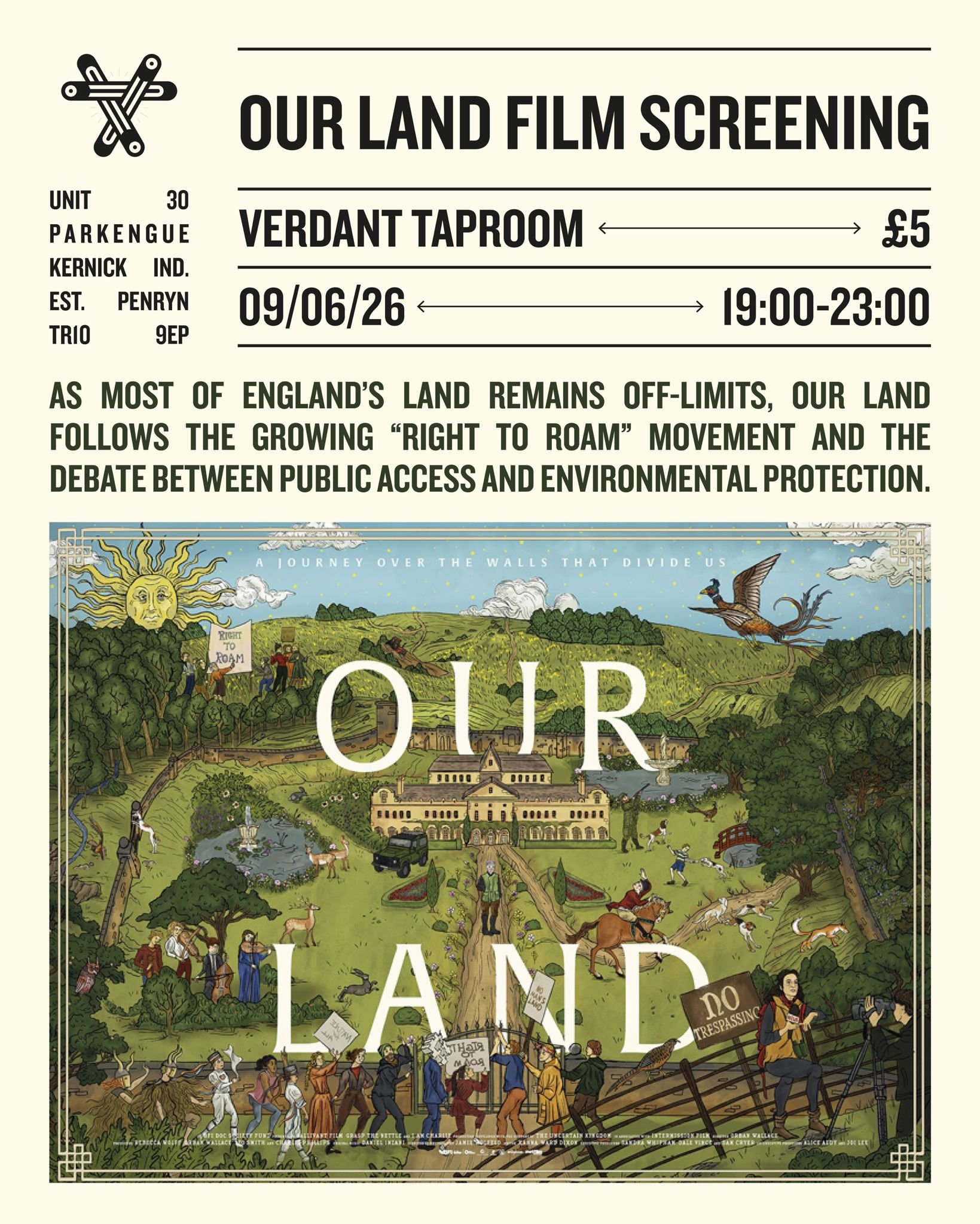 A detailed illustrated poster of the Land art project 'Our Land'. It features a multitude of scenes with people, animals, and landmarks across a landscape with trees, buildings, and a body of water. The artwork includes signs and banners, with a deco