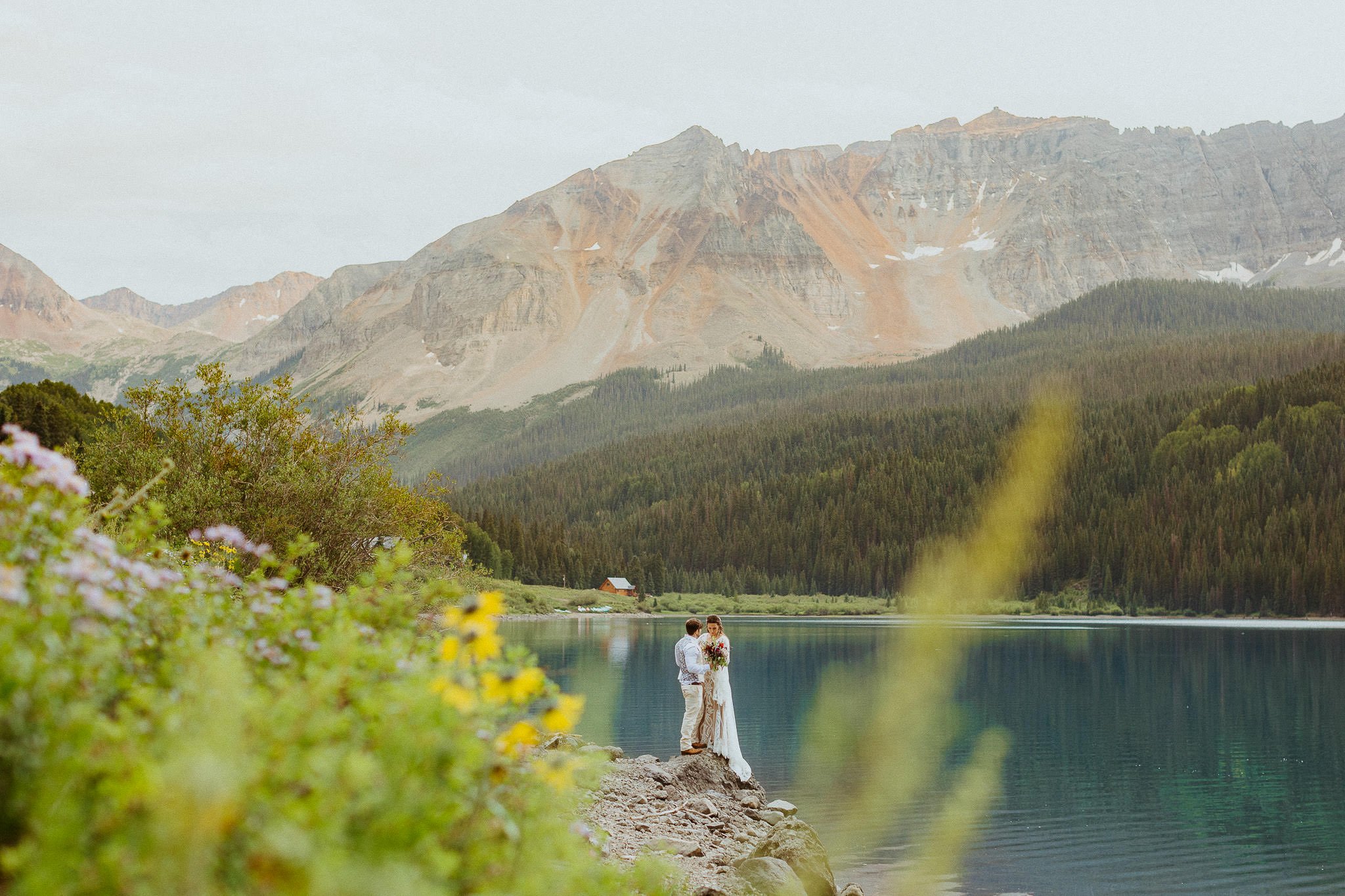 A couple elopes at Trout Lake, a drive up elopement location in Colorado.