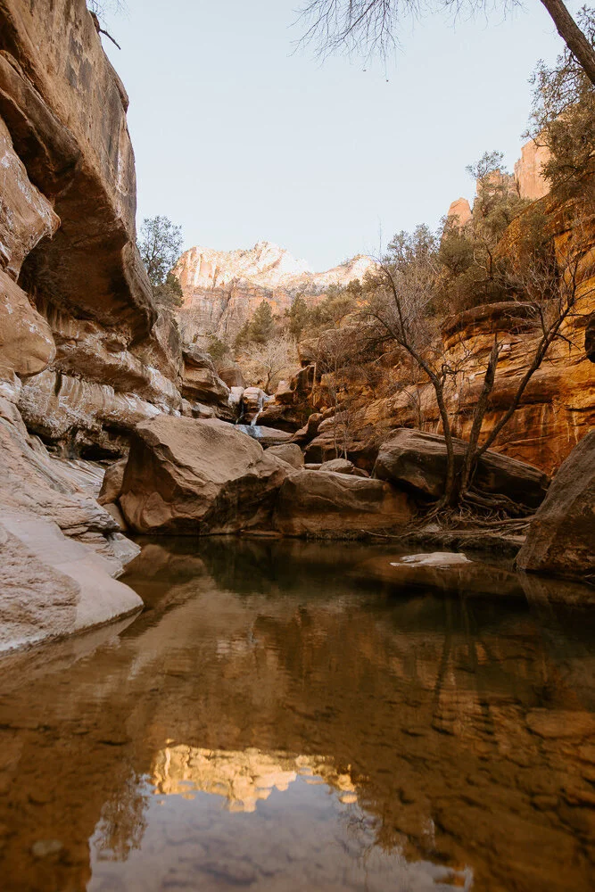 Tranquil canyon scene with a shallow stream reflecting
