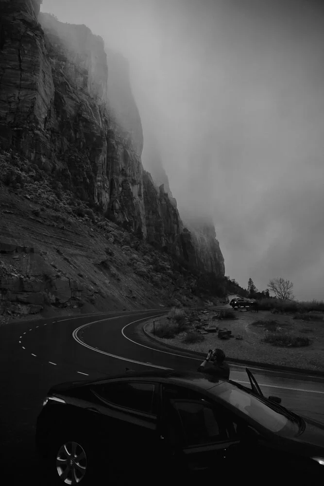 Black and white image of zion national park