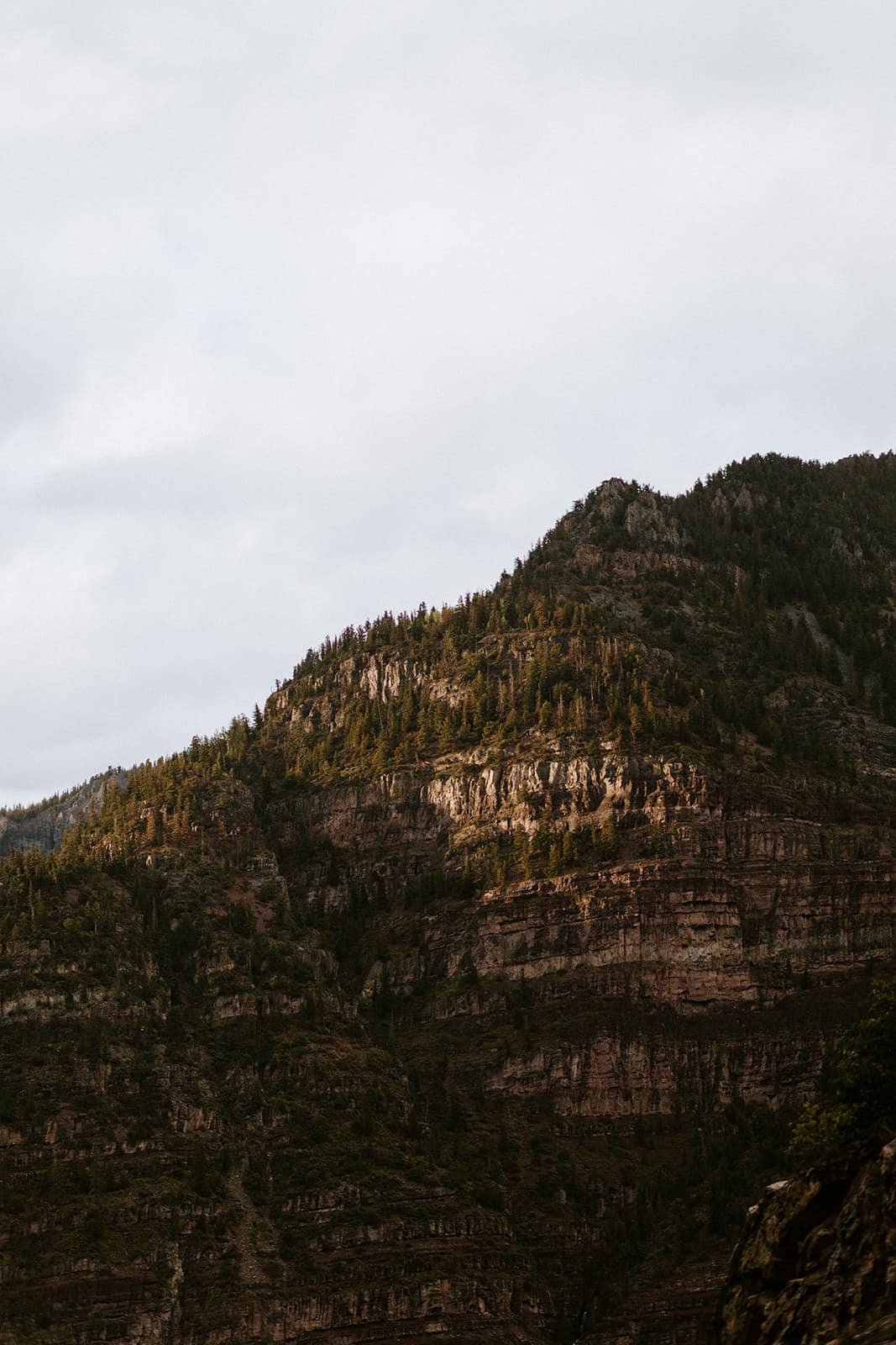 A patch of sunlight shines on the wet spring cliffs of Ouray